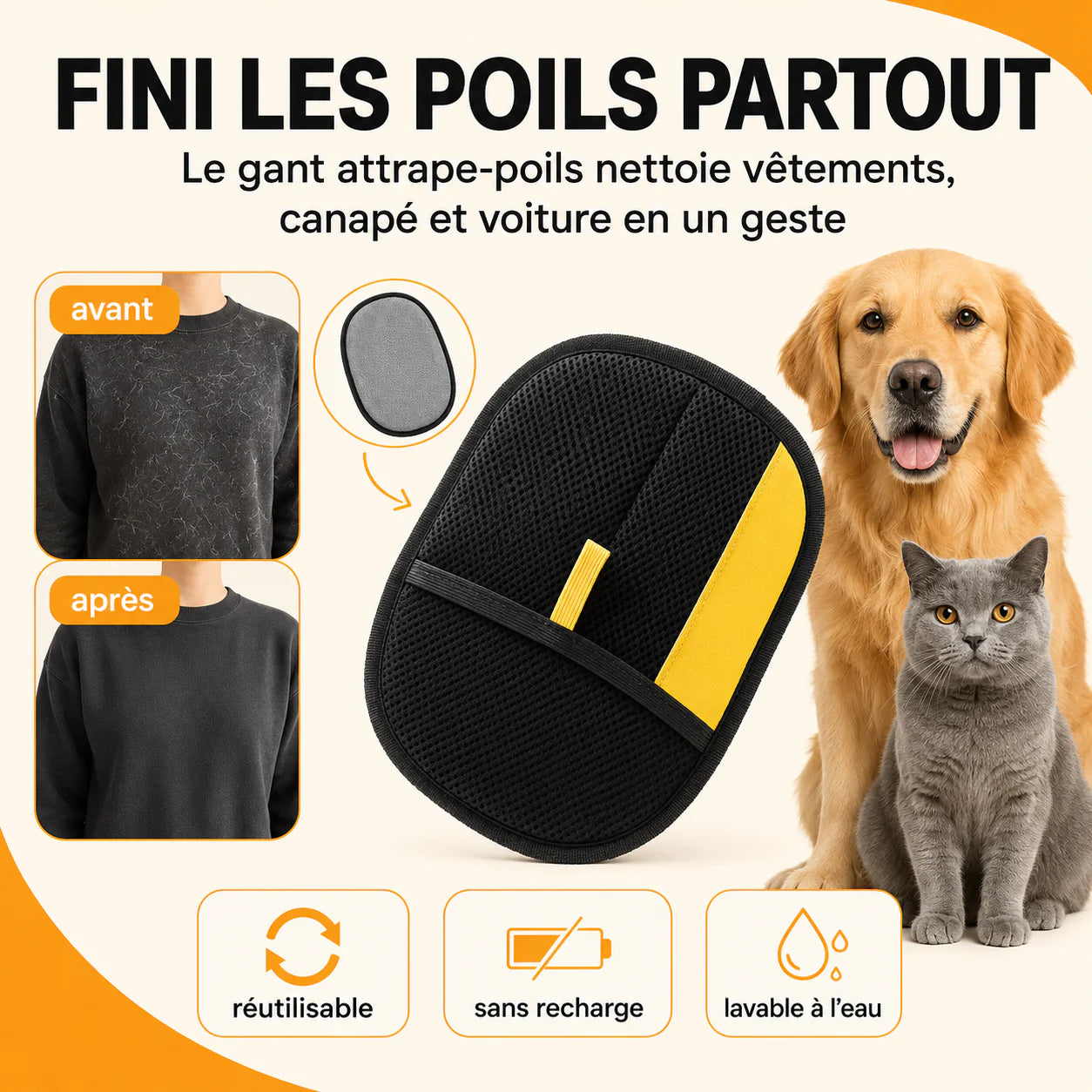 Reusable pet hair removal glove for clothing, couches and car seats